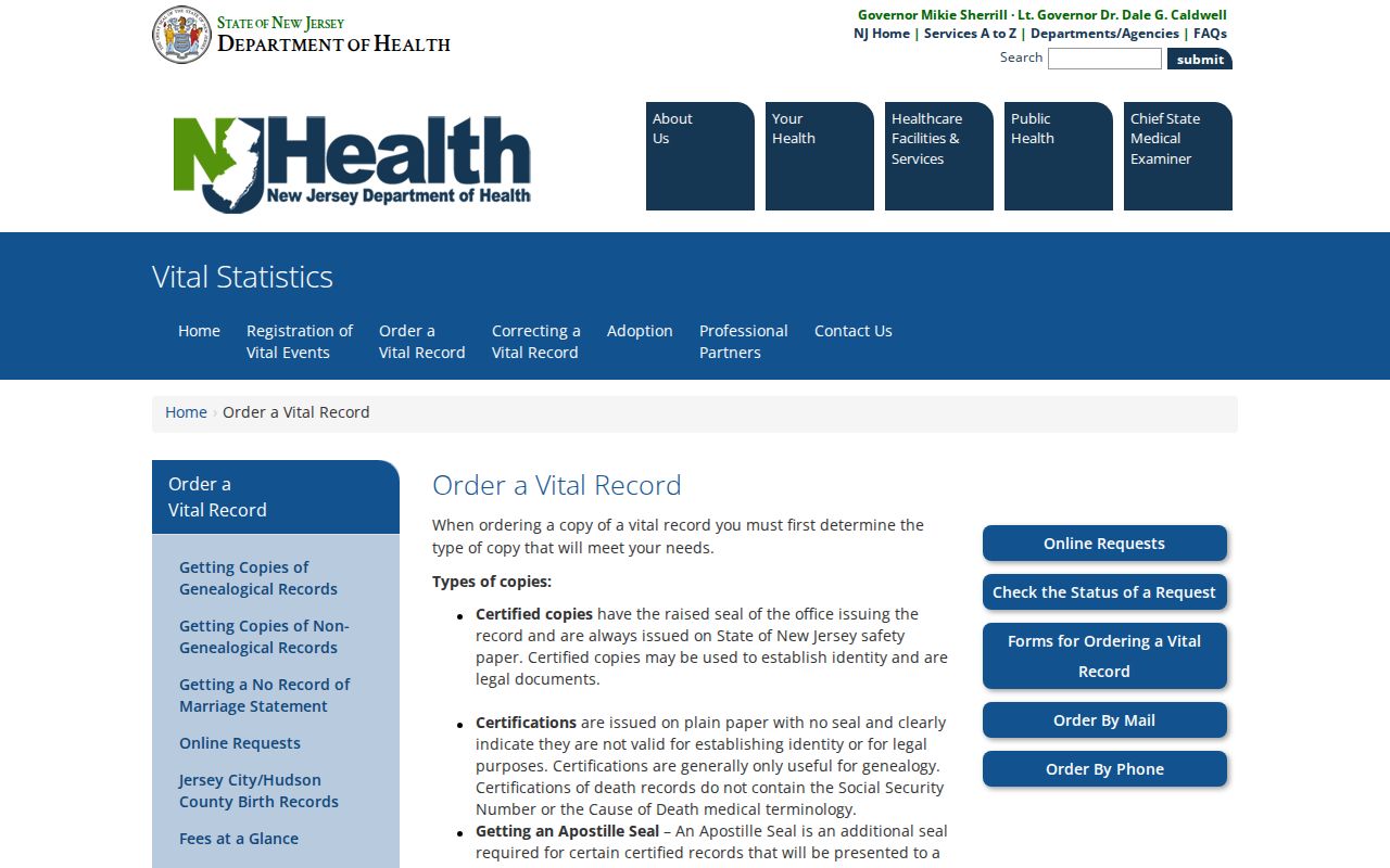 Vernon Township residents directory New Jersey vital records application page